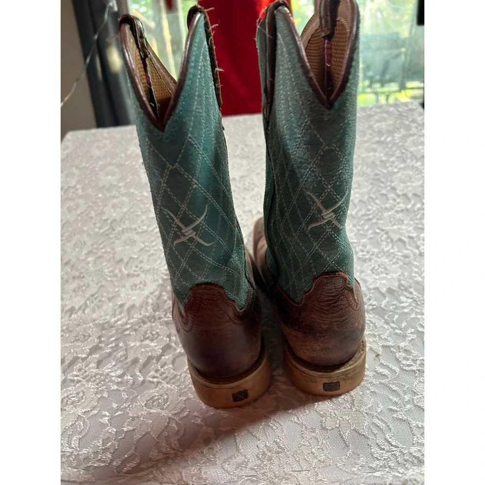 Twisted X Hooey Boot Brown Leather Teal Western Boots Kids 5 Rodeo Equestrian